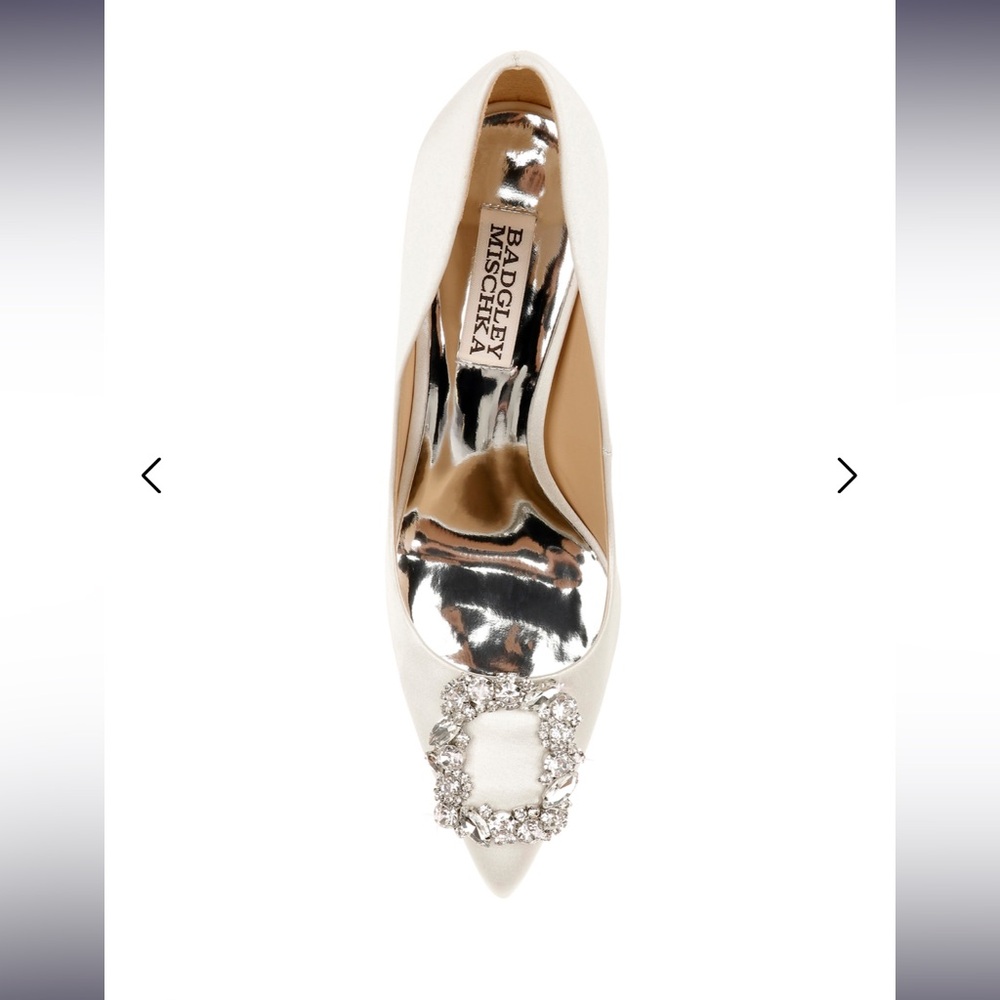 Badgley Mischka White Satin Pointed Toe Heels with Crystal Buckle